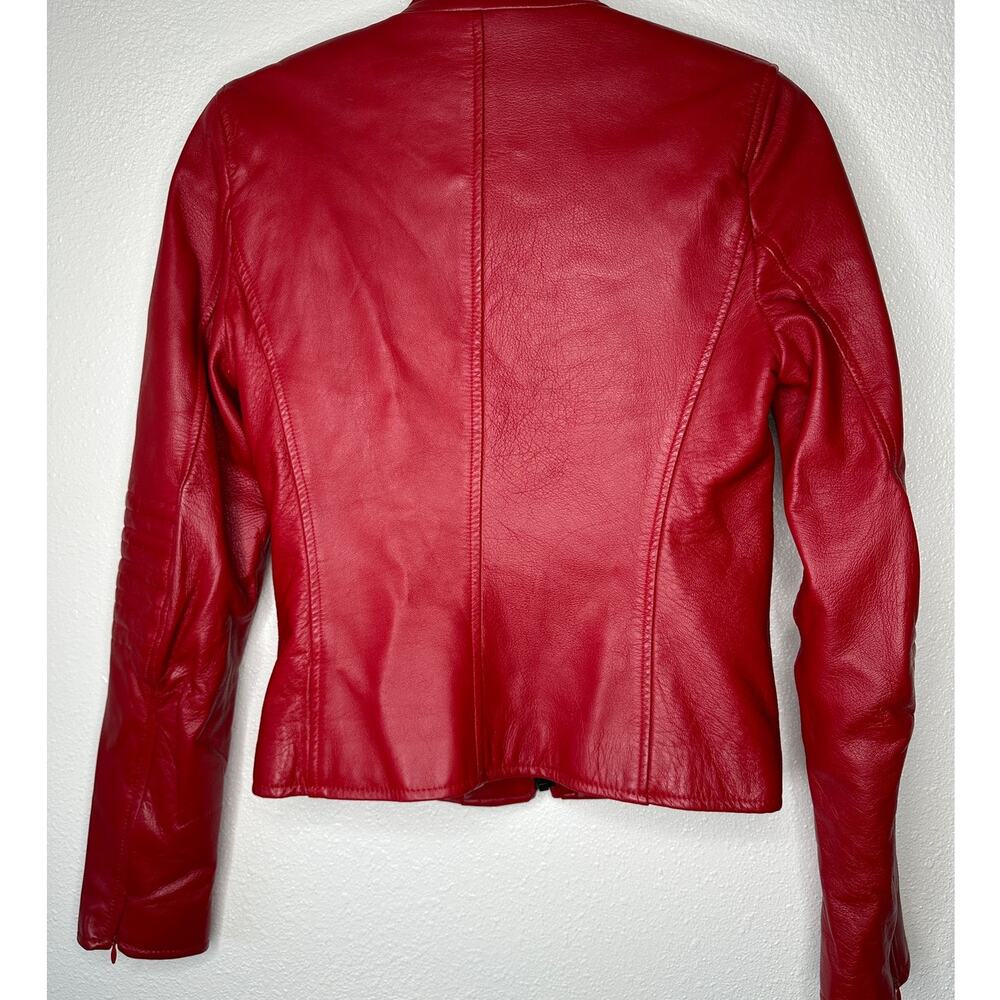 William B Cherry Red 100% Leather Moto Jacket Front Zip Silk Lining S - Picture 5 of 14